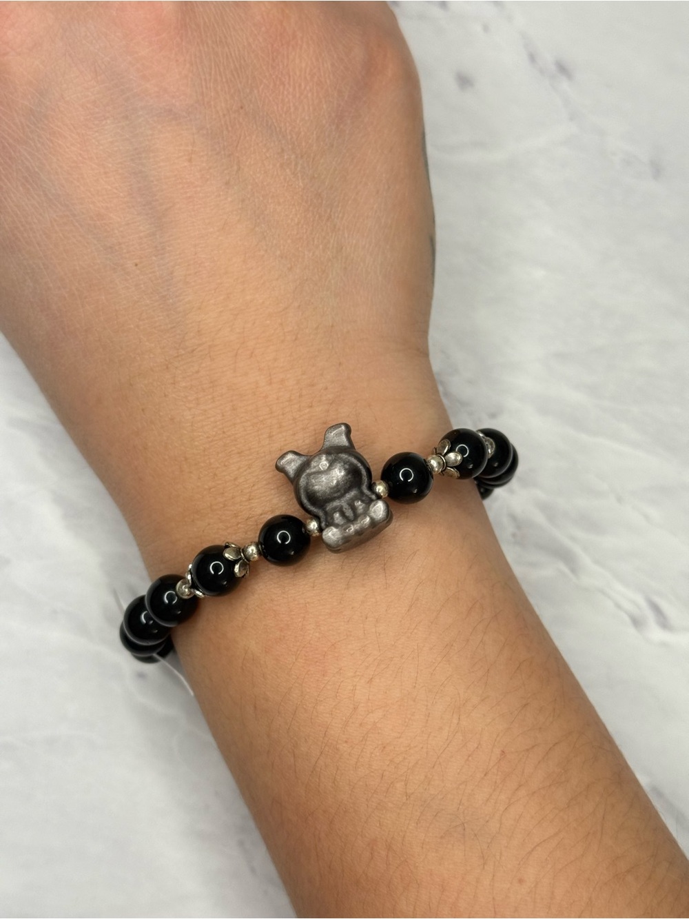 Silver Obsidian Kuromi Beaded Bracelet